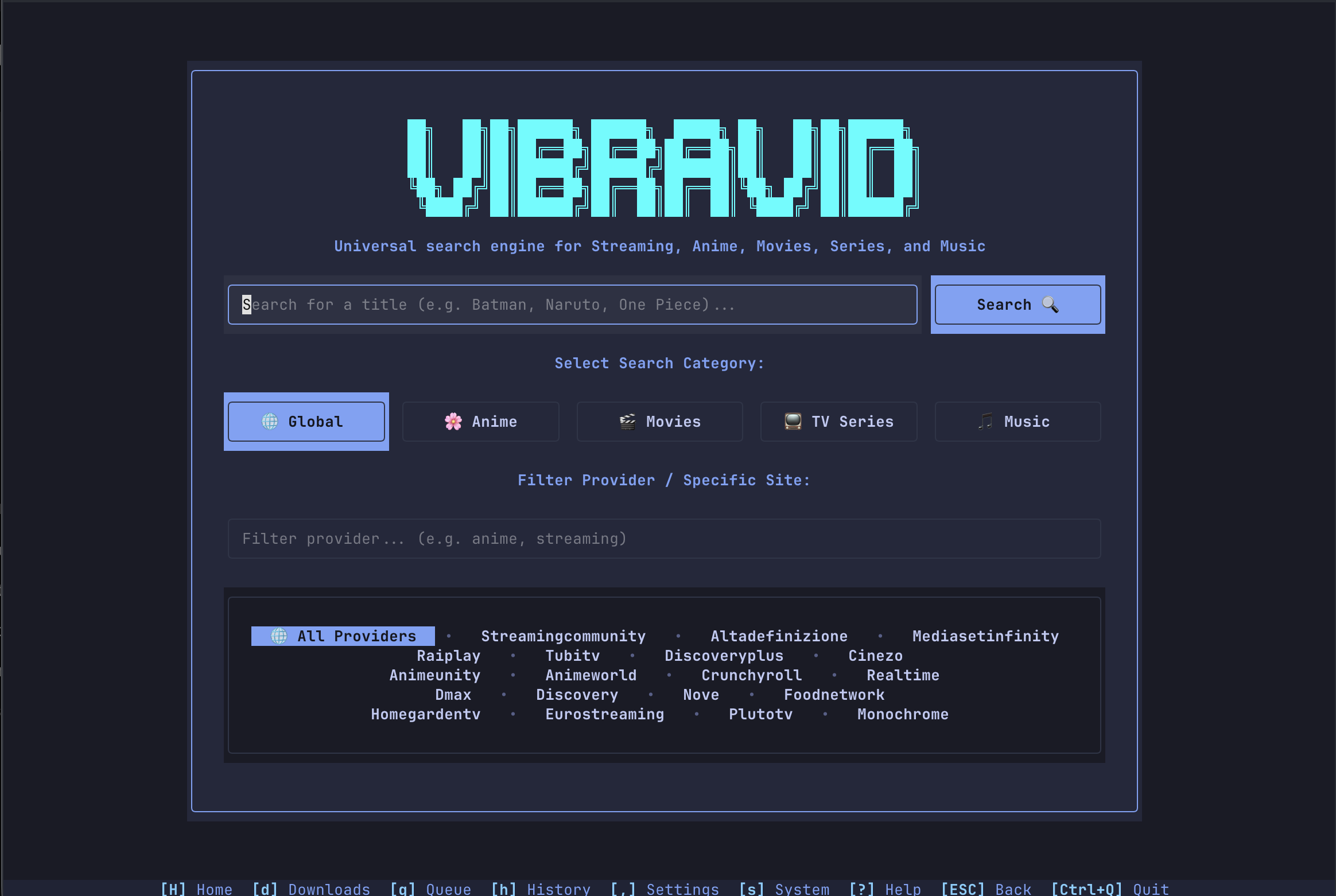 VibraVid TUI Home Screen
