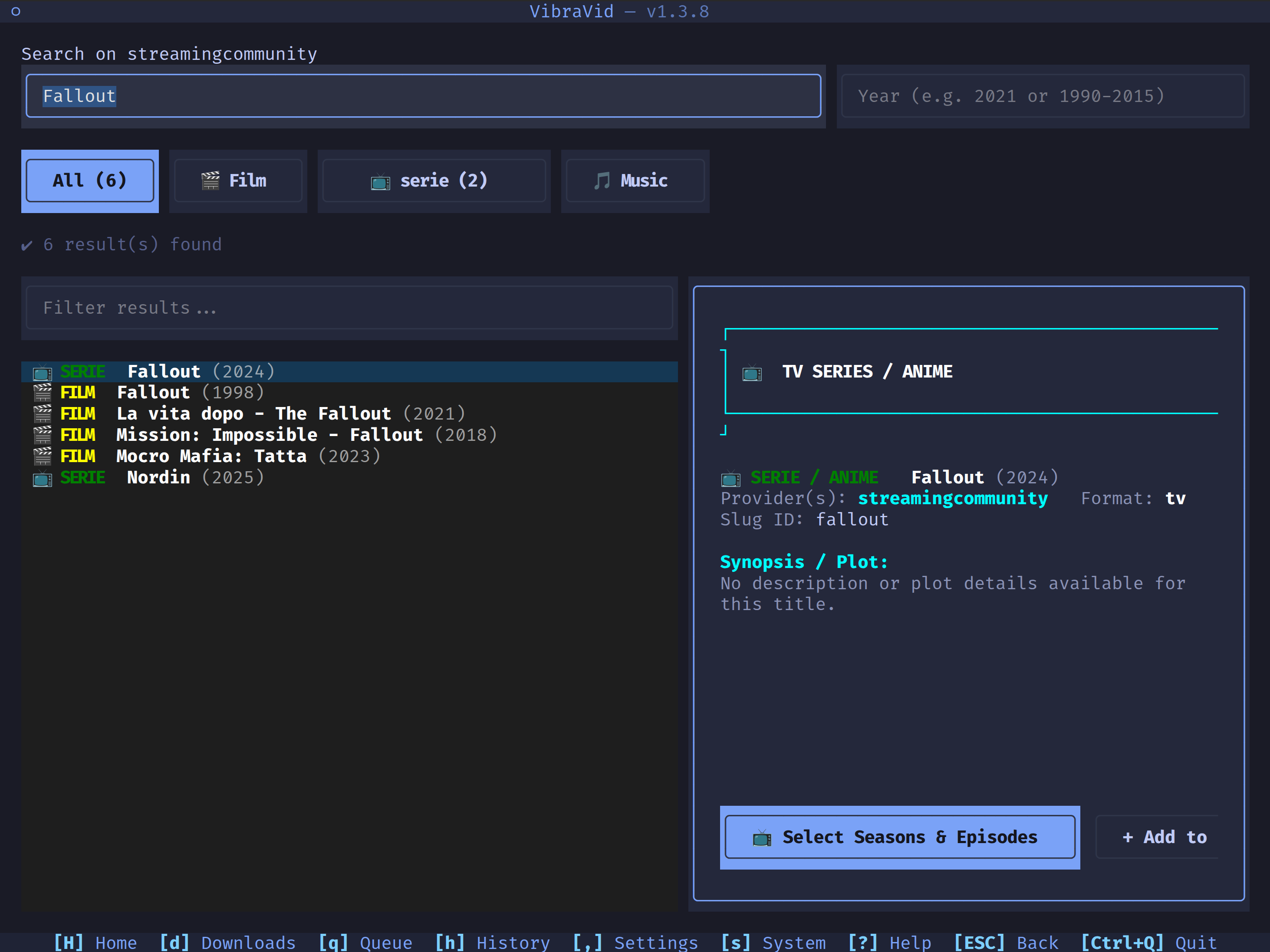 VibraVid TUI Search Screen